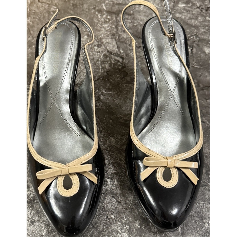 Naturalizer Womens Lina Faux Patent Leather Bow Slingback Heels Black Beige 8.5M